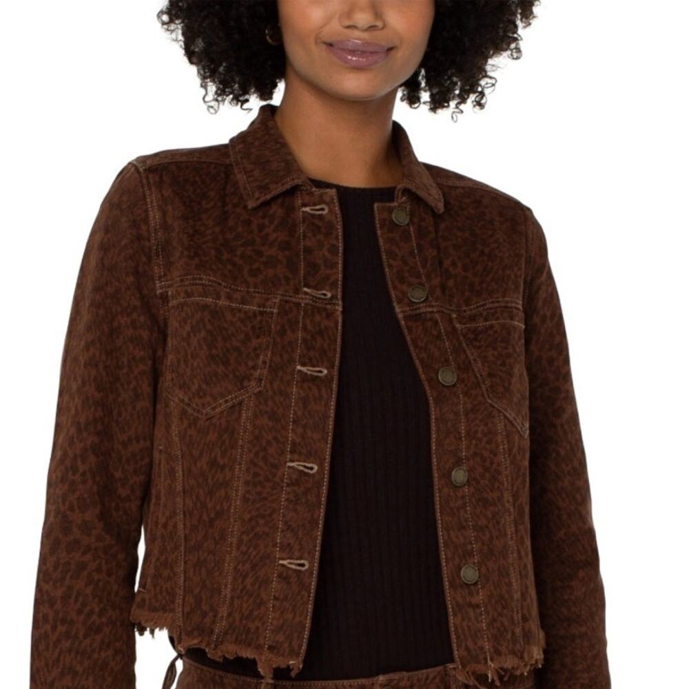 Liverpool Leopard Denim Jacket Womens Medium Brown Cropped Frayed Hem Animal